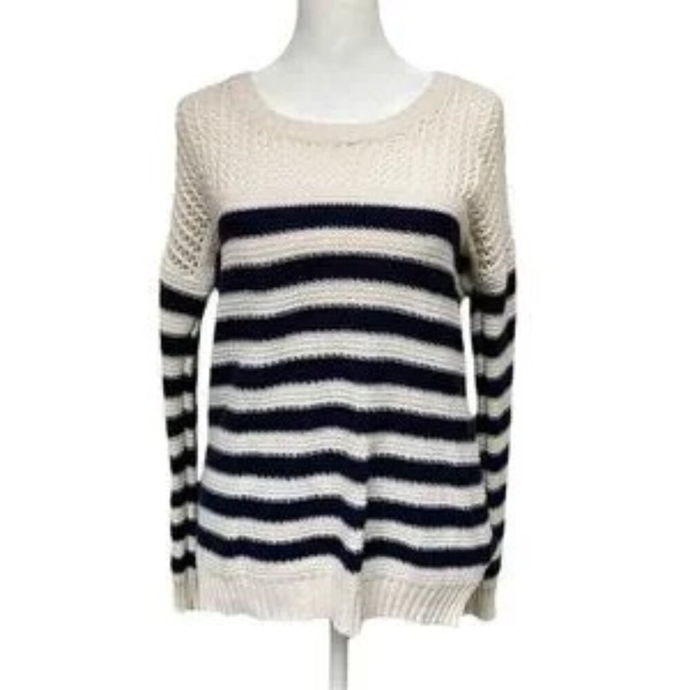 PINK ROSE womens SWEATER cream STRIPED navy blue BOHO lightweight CREW SIZE M